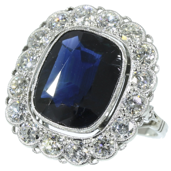 Belle Epoque Art deco engagement ring Lady Di ring with big sapphire diamonds